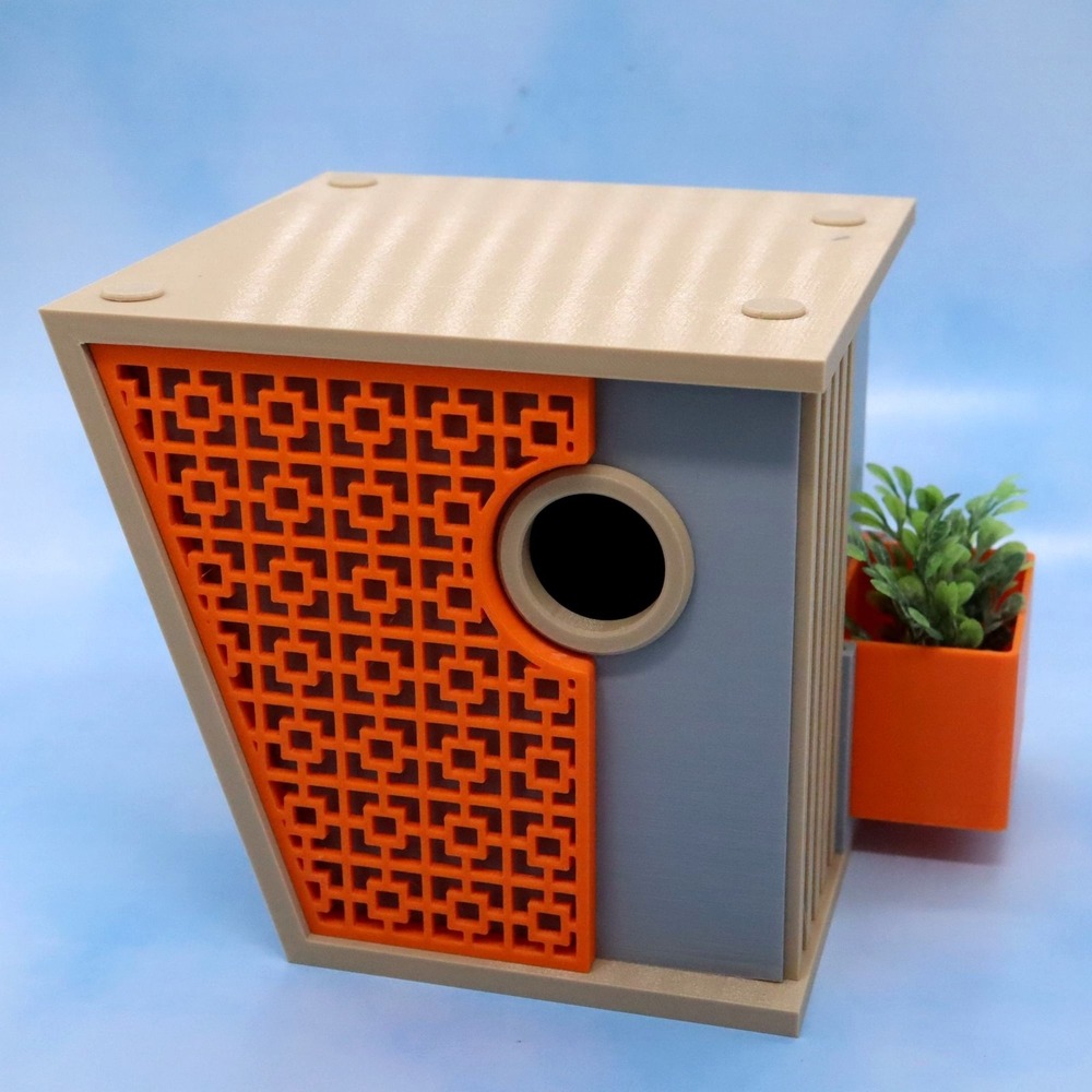 Mid Century Modern Birdhouse With Planter Attachment & Mounting Bracket Retro